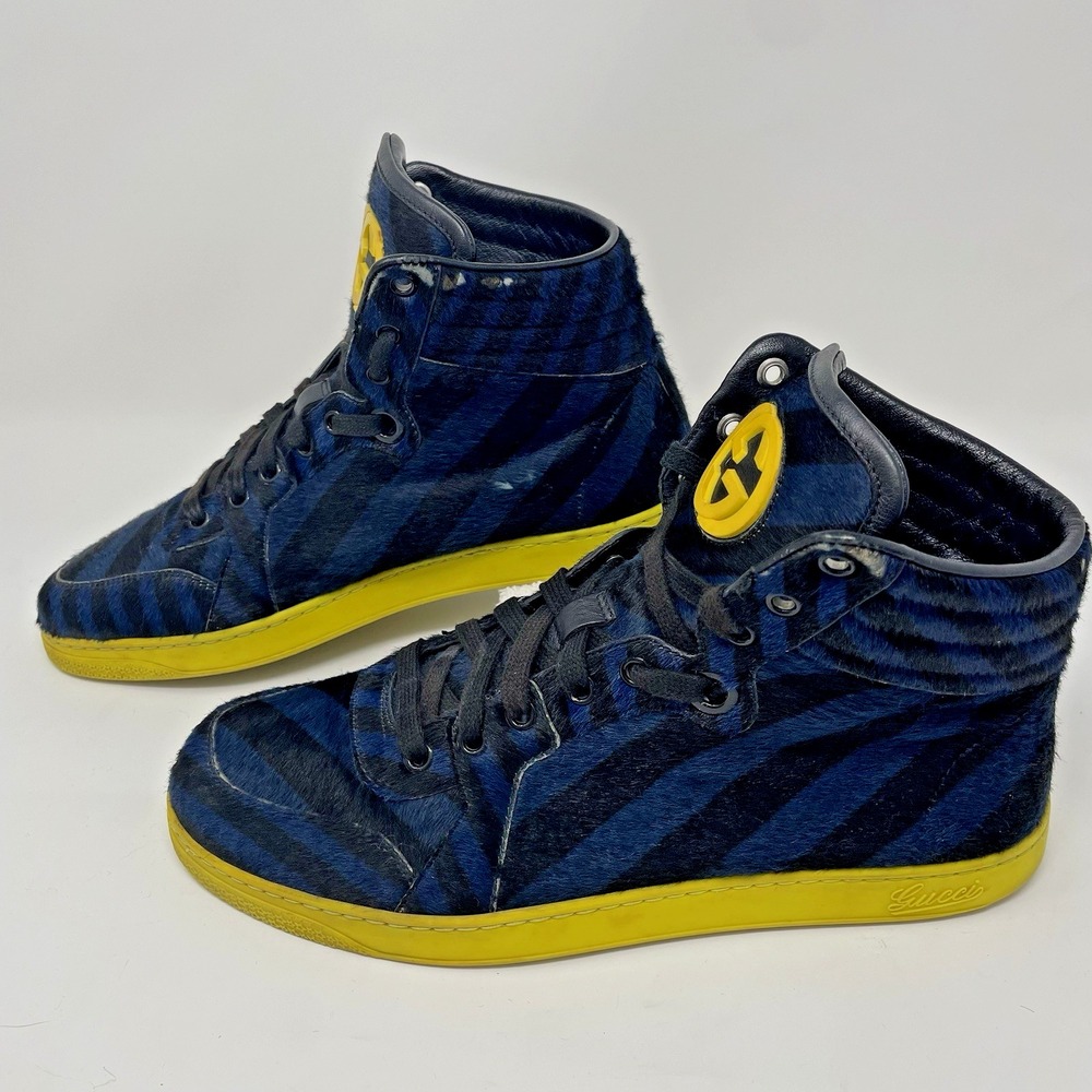 Gucci Mens Blue Black Calf Hair Leather High Top Limited Shoe Sneaker UK6.5 US 7